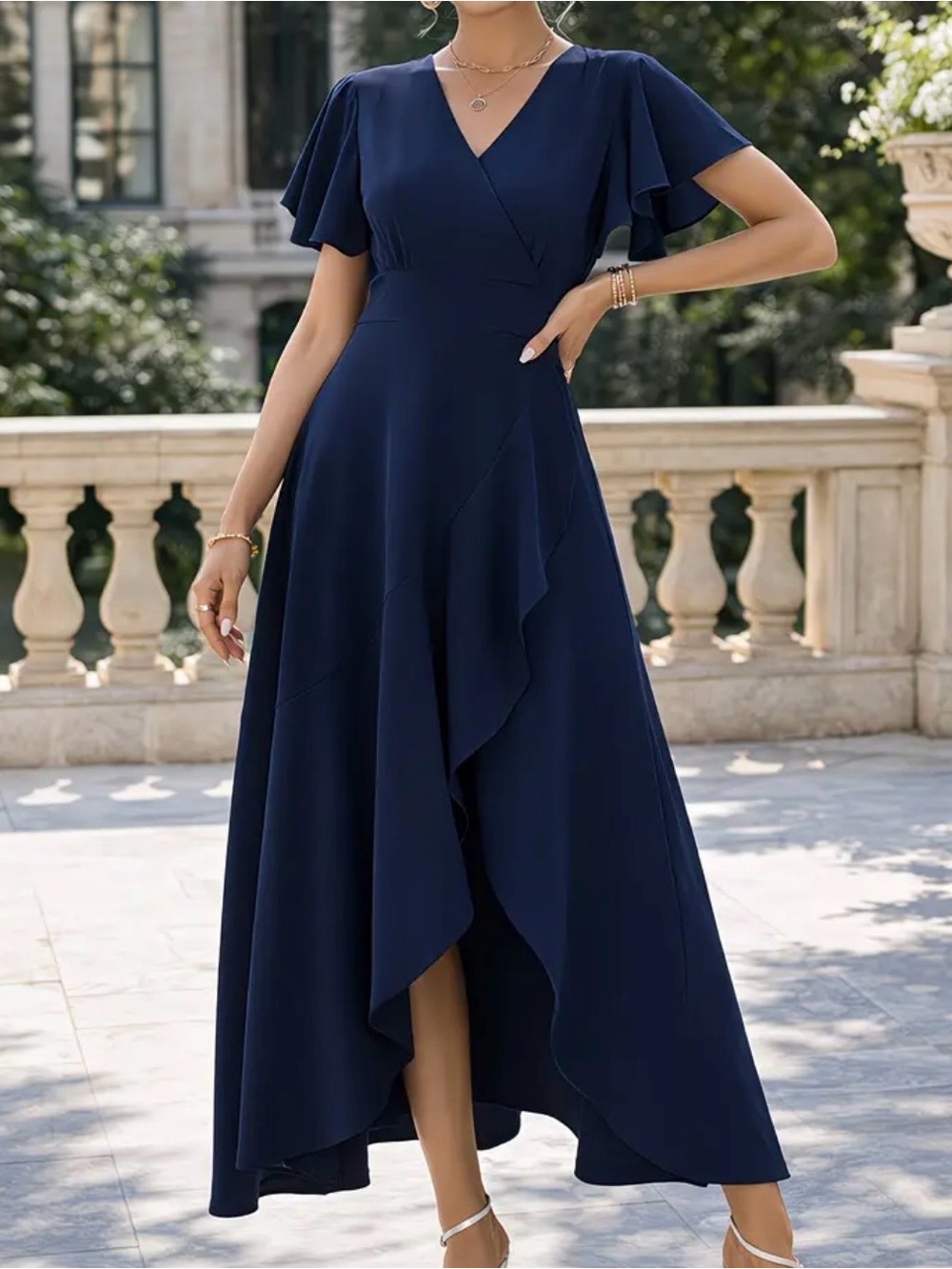 Classic Navy V-Neck High-Low Ruffle Dress